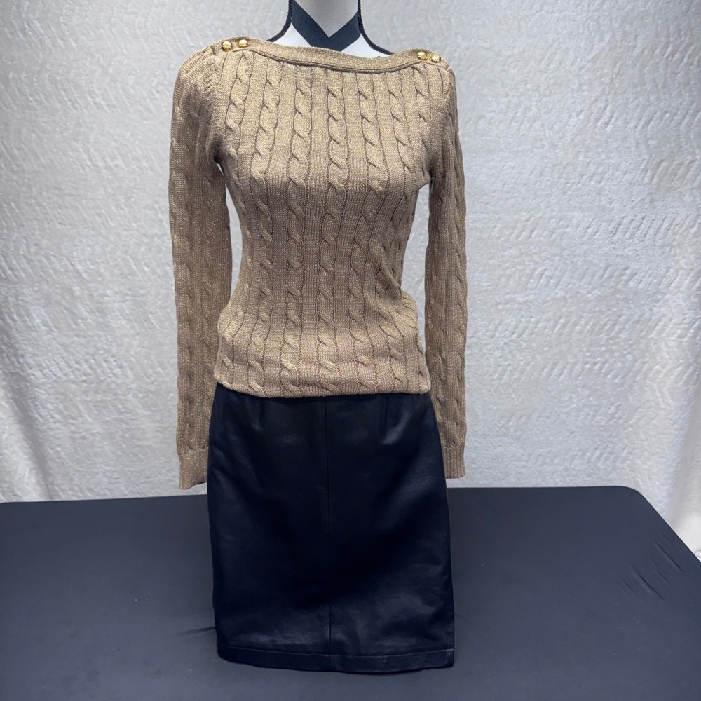 Lauren Ralph Lauren Gold Metallic Cable Knit Button Shoulder Sweater LRL Logo